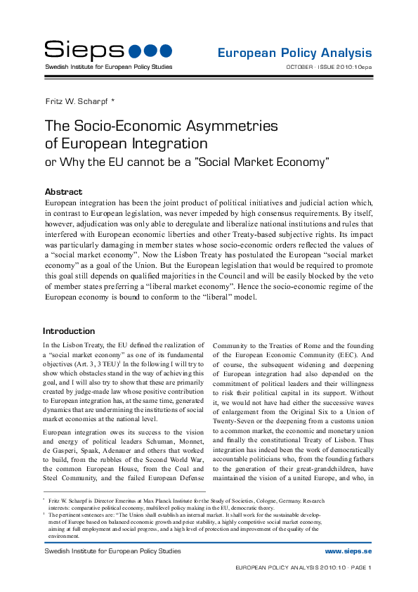 The Socio-Economic Asymmetries of European Integration (2010:10epa)
