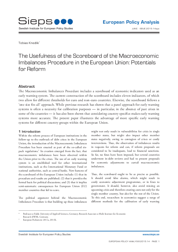 The Usefulness of the Scoreboard of the Macroeconomic Imbalances Procedure in the European Union: Potentials for Reform (2015:14epa)