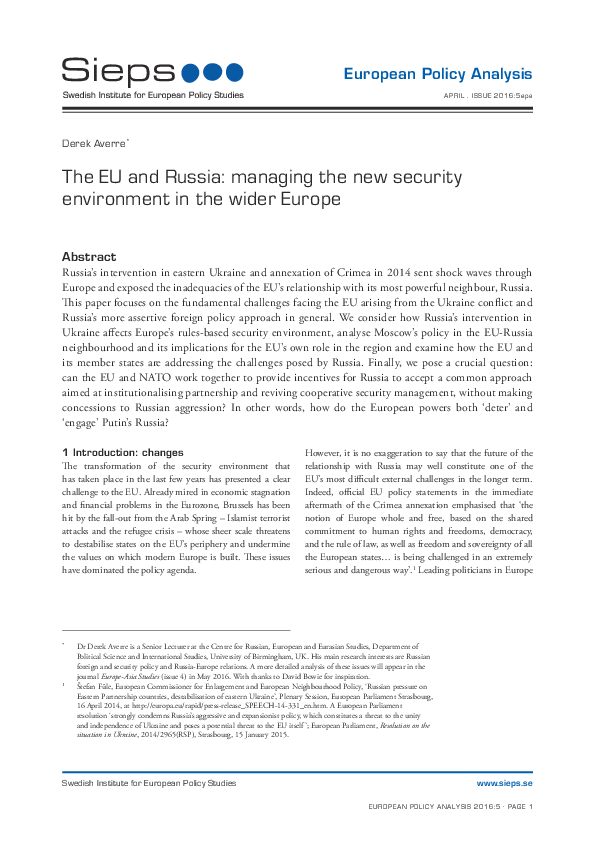 The EU and Russia: managing the new security environment in the wider Europe (2016:5epa)