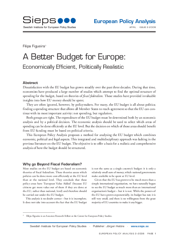 A Better Budget for Europe: Economically Efficient, Politically Realistic