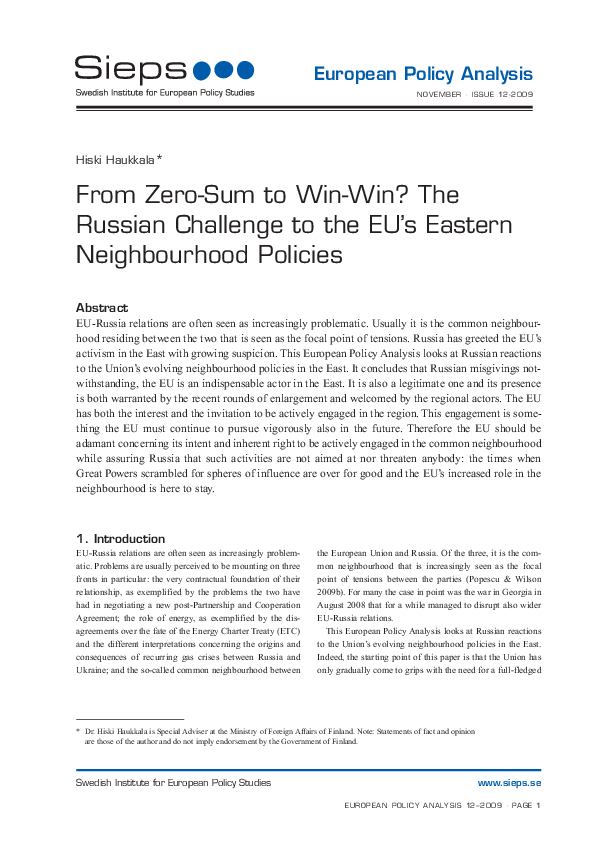 From Zero-Sum to Win-Win? The Russian Challenge to the EUs Eastern Neighbourhood Policies
