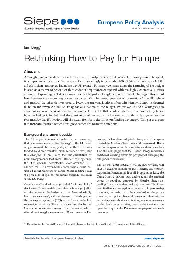Rethinking How to Pay for Europe (2010:2epa)