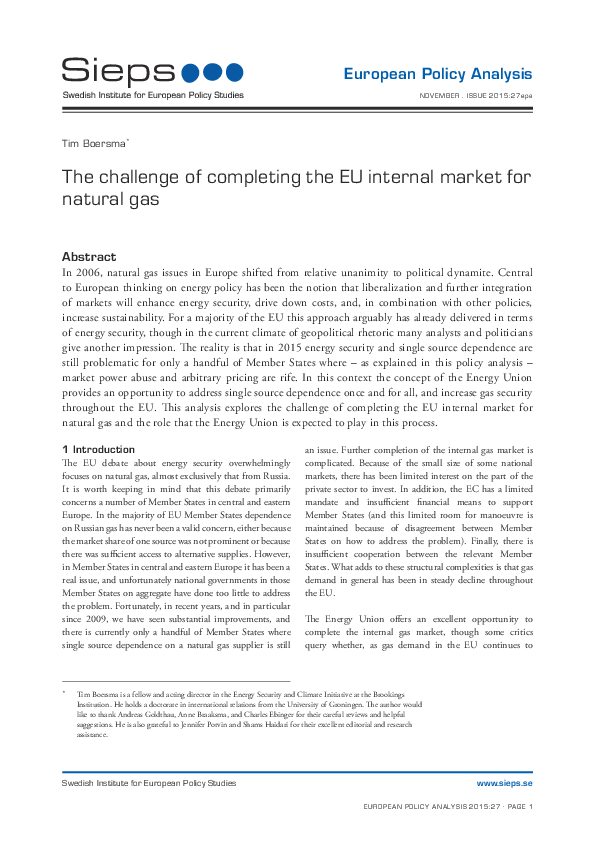 The challenge of completing the EU internal market for natural gas (2015:27epa)