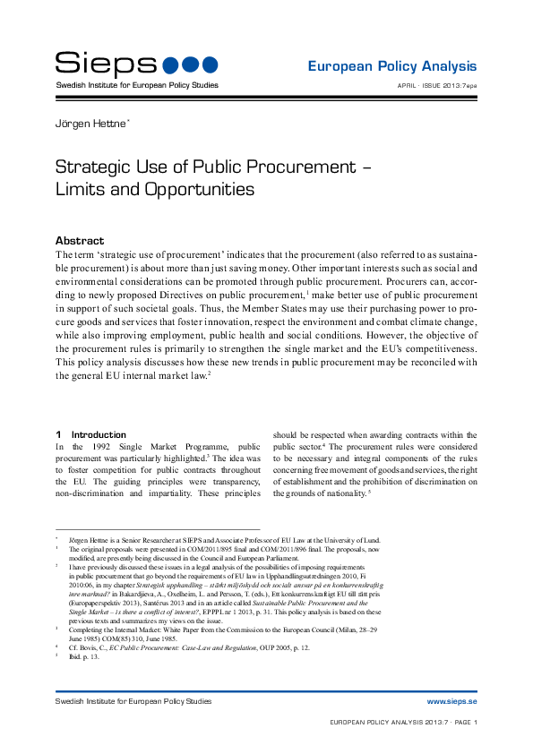 Strategic Use of Public Procurement – Limits and Opportunities (2013:7epa)