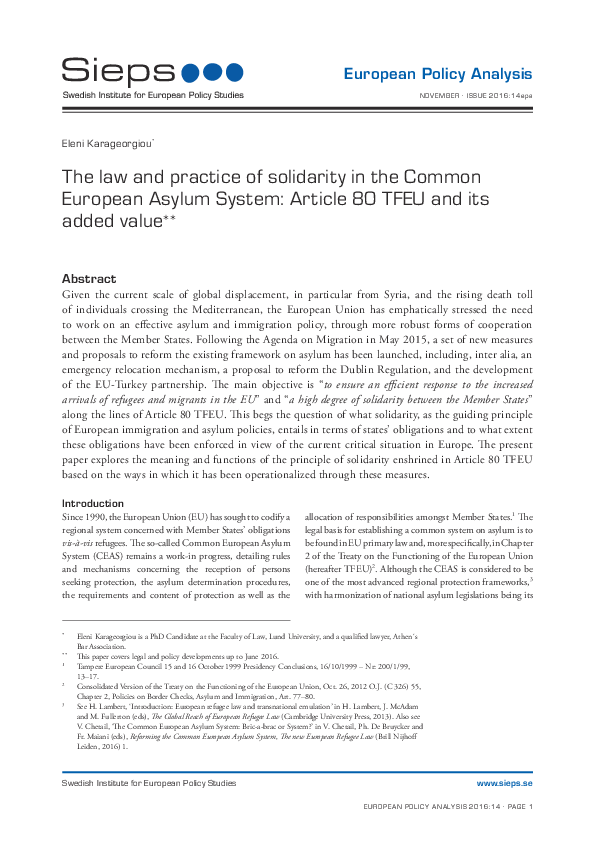 The law and practice of solidarity in the Common European Asylum System: Article 80 TFEU and its added value (2016:14epa)
