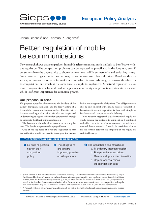 Better regulation of mobile telecommunications (2007:1epa)