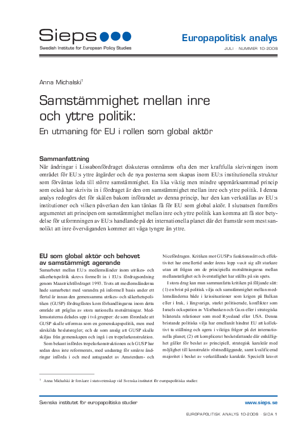 Samstämmighet mellan inre och yttre politik (2008:10epa)
