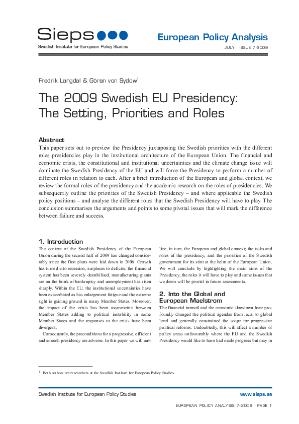 The 2009 Swedish EU Presidency: The Setting, Priorities and Roles (2009:7epa)