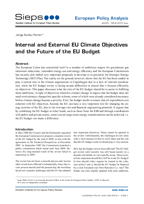 Internal and External EU Climate Objectives and the Future of the EU Budget (2010:1epa)