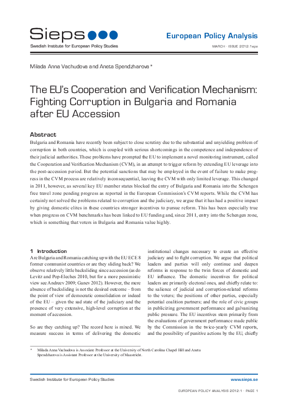 The EU’s Cooperation and Verification Mechanism: Fighting Corruption in Bulgaria and Romania after EU Accession (2012:1epa)