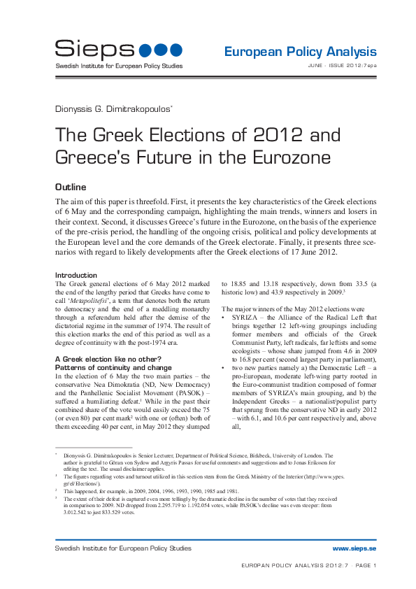 The Greek Elections of 2012 and Greece´s Future in the Eurozone (2012:7epa)