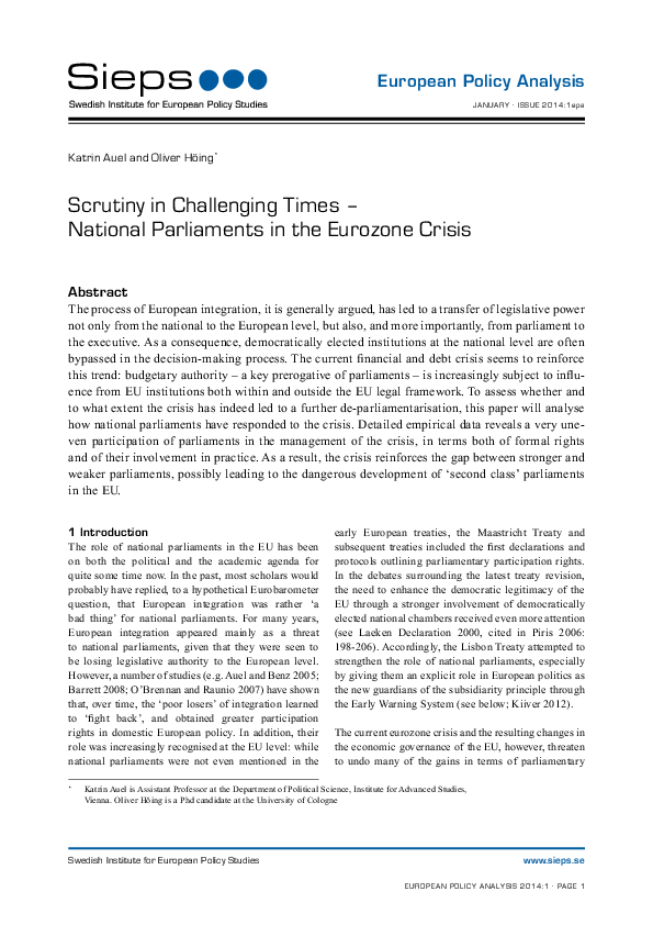 Scrutiny in Challenging Times - National Parliaments in the Eurozone Crisis (2014:1epa)