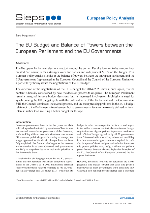 The EU Budget and Balance of Powers between the European Parliament and the EU Governments (2014:3epa)