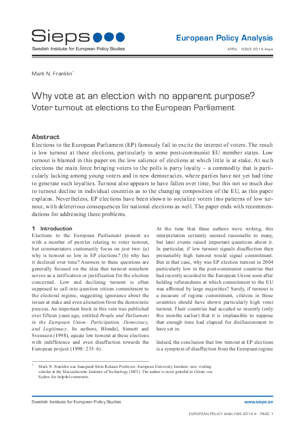 Why vote at an election with no apparent purpose? Voter turnout at elections to the European Parliament (2014:4epa)