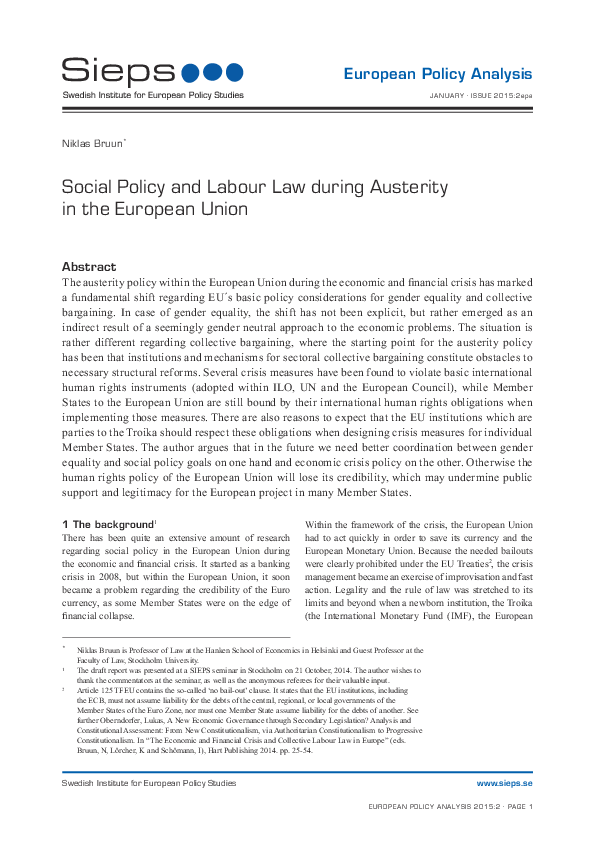 Social Policy and Labour Law during Austerity in the European Union (2015:2epa)