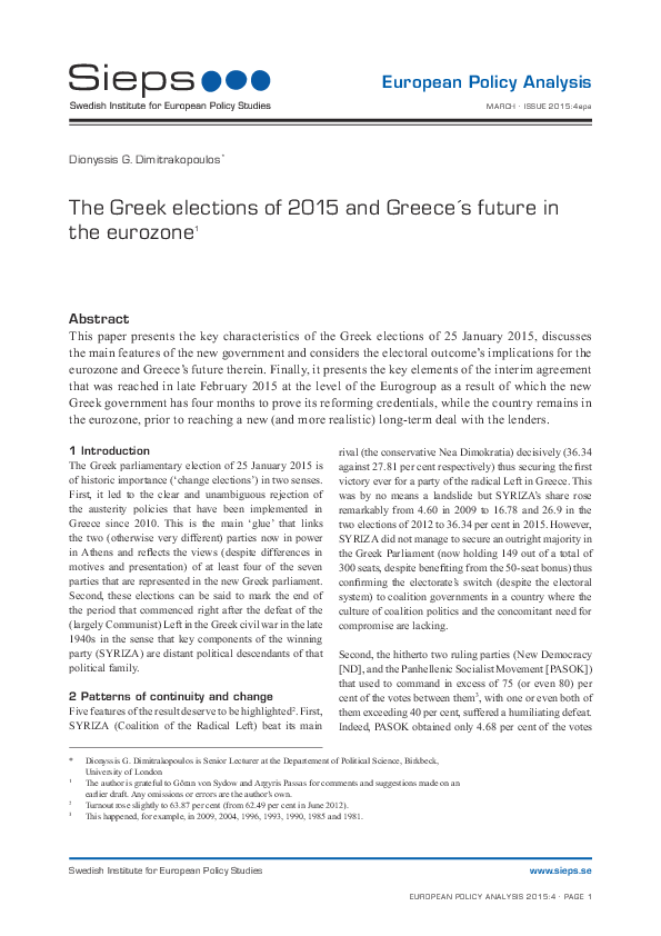 The Greek elections of 2015 and Greece´s future in the eurozone (2015:4epa)