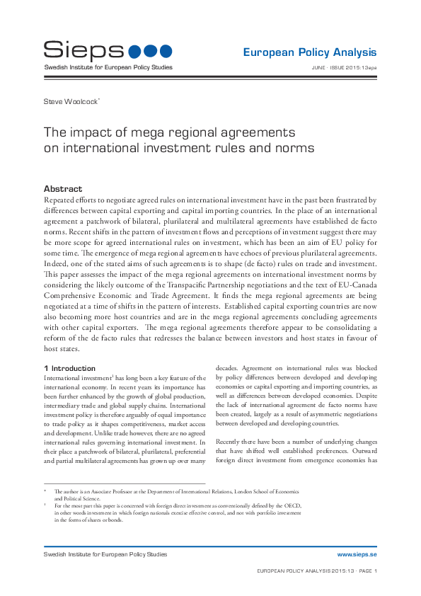 The impact of mega regional agreements on international investment rules and norms (2015:13epa)