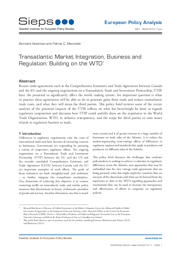 Transatlantic Market Integration, Business and Regulation: Building on the WTO (2015:11epa)