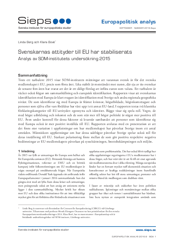 Svenskarnas attityder till EU har stabiliserats: Analys av SOM-institutets undersökning 2015 (2016:9epa)